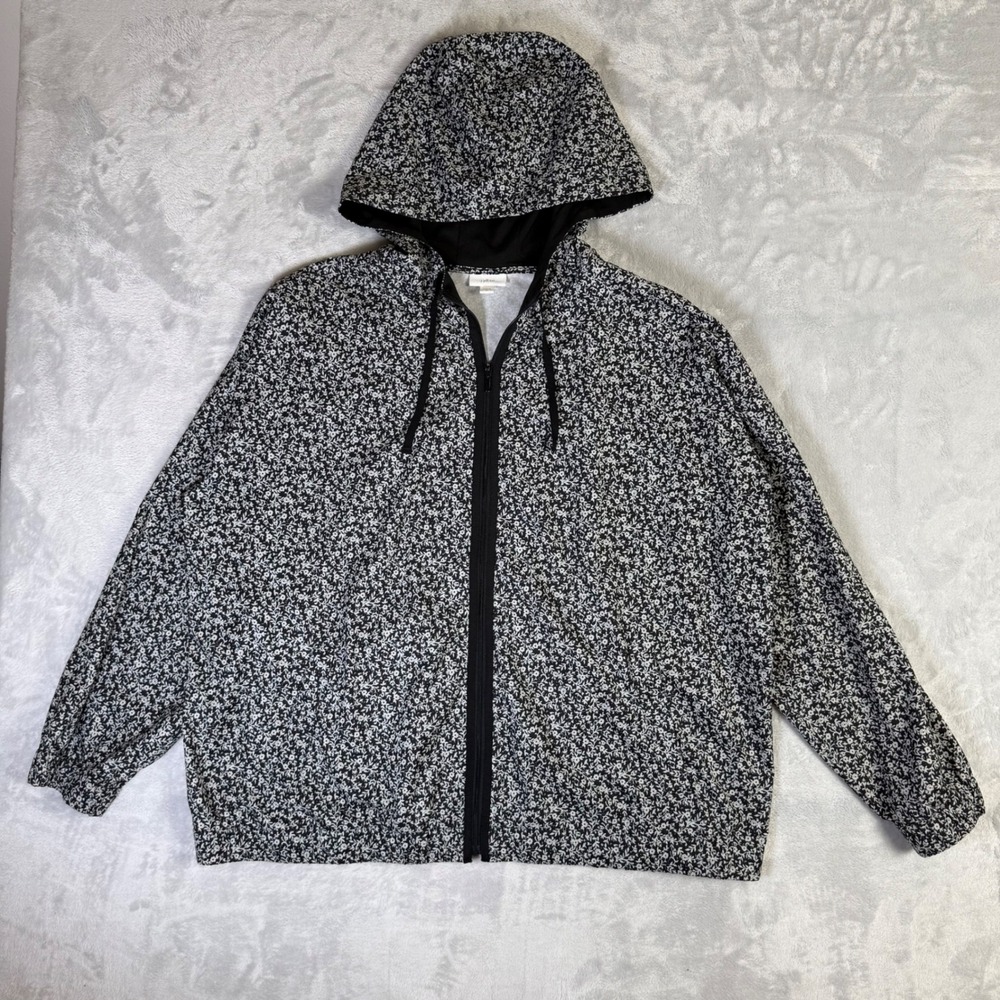 J. Jill Fit Windbreaker Jacket Women XL Black White Floral Full Zip Hooded